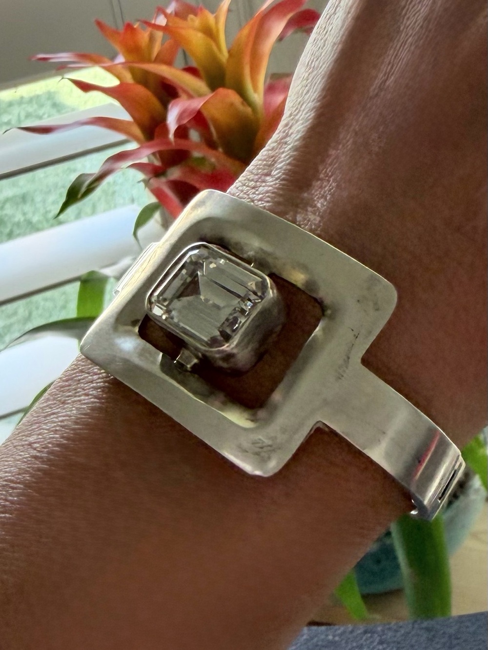 Taxco VintageSterling Silver 950 Emerald Cut CZ stone cuff bracelet 71.7 grams.